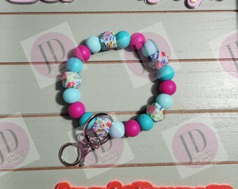 Beaded Bangle floral teal & pink print Keychain/beaded Bangle for her/teal and pink flower wristlet/bangle