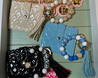Stretchy/Elastic Beaded faux patent leather black/blue or cream Keychain wallet /beaded Stretchy Bangle stitched pattern wristlet/bangle