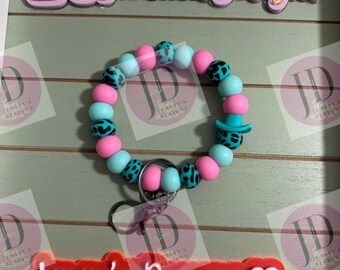 Beaded Bangle Cowboy hat teal & pink cow print Keychain/beaded Bangle for her/teal and pink cowboy wristlet/bangle