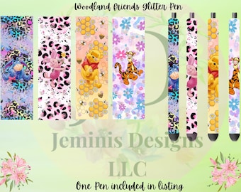 Woodland friends glitter pens purchase individually or as a set/ refillable / reusable vibrant glitter pen, bear, pig, donkey or tiger