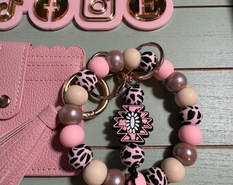 Beaded Bangle Cow/ Keychain & pink print wallet/ shades of pink cow wristlet Keychain and wallet combo