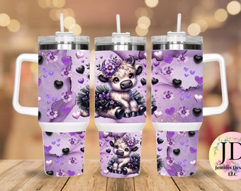 Highland ballerina with tutu, bows, lips and hearts/ purple 40oz , ballet cow tumbler,  Highland baby cow design tumbler, gift for her