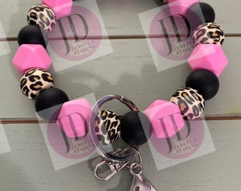 Ready to Ship Beaded Bangle black/pink leopard /Keychain/beaded Bangle for her/pink/black Keychain/beaded leopard bangle bracelet