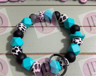 Beaded Bangle Cowboy hat turquoise & black cow print Keychain/beaded Bangle for her/turquoise/black cowboy wristlet/bangle bracelet