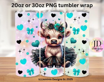 Turquoise Ballerina cow PNG file design for tumbler sublimation. Ballerina highland cow fits 20 or 30 oz tumblers.  PNG Digital file