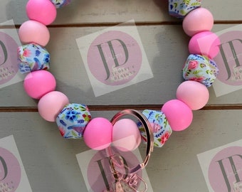 Ready to Ship Beaded Bangle floral teal & pink print Keychain/beaded Bangle for her/teal floral wristlet/bangle teal and pink bracelet