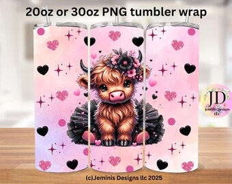 Pink Ballerina cow PNG file design for tumbler sublimation. Pink ballerina highland cow fits 20 or 30 oz tumblers.  PNG Digital file