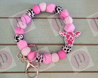 Ready to Ship Beaded Bangle Cow/ pink cow print Keychain/beaded Bangle for her/pink cow wristlet/bangle pink bracelet