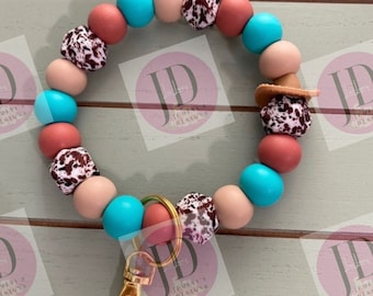 Western Beaded Bangle Cowboy hat teal & brown cow print Keychain/beaded Bangle for her/teal and brown cowboy wristlet/bangle