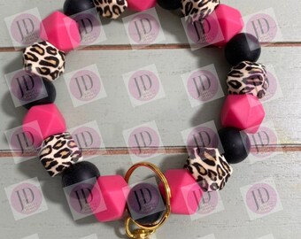 Ready to Ship Beaded Bangle pink MOM leopard print Keychain/beaded Bangle pink leopard wristlet/bangle pink leopard bracelet