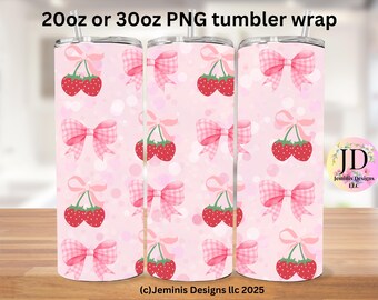 Coquette strawberry & bows PNG file design for tumbler sublimation. Pink bows and strawberry/ fits 20 or 30 oz tumblers.  PNG Digital file