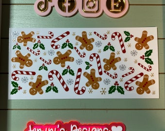 UV DTF 16 oz Glass can Ready to press|  Candy cane's gingerbread Christmas  | uvdtf wrap | Permanent decal | No heat needed | Waterproof