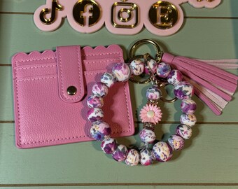 Beaded Bangle pink/ purple floral beaded Bangle for her with wallet/Pink flower Keychain/  bangle bracelet and wallet combo