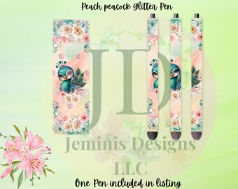 Peach Peacock glitter pen wrap pen, pen wrap with Lots of vibrant colors sparkle. Peacock glitter pen and flowers/ floral peacock pen