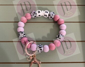 Ready to Ship Beaded RN Bangle Blush & lavender Keychain/beaded Bangle for her/geometric print wristlet/bangle Blush and lavender bracelet