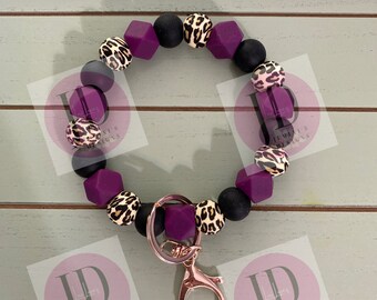Ready to Ship Beaded Bangle black/purple leopard /Keychain/beaded Bangle for her/purple/black Keychain/beaded leopard bangle bracelet