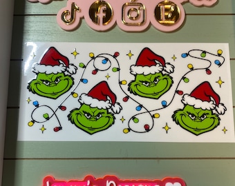 UV DTF 16 oz Glass can Ready to press|  Mean one| Christmas lights-Face green | uvdtf wrap | Permanent decal | No heat needed
