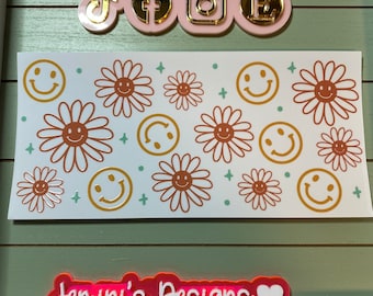 UV DTF 16 oz Glass can Ready to Apply| Smiley face and daisy  | uvdtf wrap | Permanent decal | No heat needed | Waterproof material