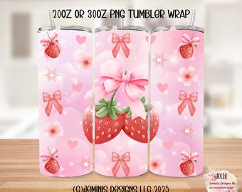 Coquette strawberry & bows PNG file design for tumbler sublimation. Pink bows and strawberry/ fits 20 or 30 oz tumblers.  PNG Digital file