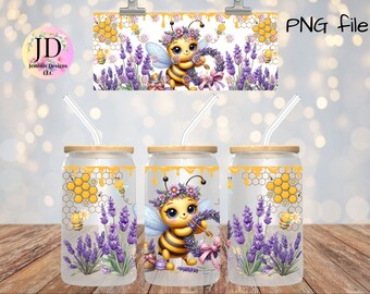 Lavender honey bee PNG file design for glass can sublimation frosted or clear.  Bee png file, lavender flowers digital file- no cup