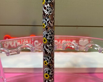 Brown and black cow hide heart and sunflower over pink Glitter, Glitter Gel Pens- sunflower /cowhide print uvdtf over glitter pen