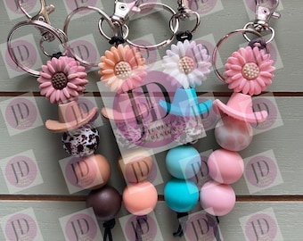 Ready to Ship Adorable MINI Sunflower and cowboy hat beaded Keychain/beaded mini Keychain & Sunflower/cowboy hat dangle Keychain pink