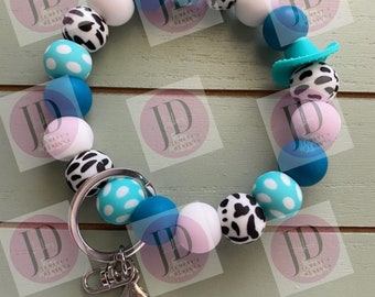 Ready to Ship Beaded Bangle Cowboy hat teal cow print Keychain/beaded Bangle for her/teal cowboy wristlet/bangle teal bracelet