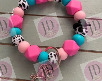 Beaded Bangle Cowboy hat teal & pink cow print Keychain/beaded Bangle for her/teal and pink cowboy wristlet/bangle