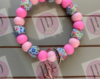 Ready to Ship Beaded Bangle floral teal & pink print Keychain/beaded Bangle for her/teal floral wristlet/bangle teal and pink bracelet