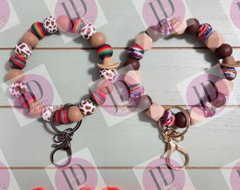 Serape Beaded Bangle Cow print wristlet/serape print Keychain/beaded Bangle for her/brown serape cow wristlet Bangle bracelet