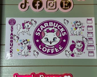 Fancy kittens/ pink bows, pink crown/uvdtf cup wrap ready to press | white cat with crown/ waterproof / no heat / Marie/Berlioz/Toulouse