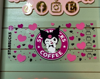 Cute white cat/ Kuromi and coffee kitten  | uvdtf 16oz uvdtf cup wrap ready to press | white cat rainbow flowers   Hearts and cat friends