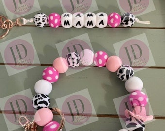 Ready to Ship Beaded Bangle pink cow  print Keychain/ mama Keychain or both /beaded Bangle for her/pink  wristlet/bangle pair