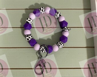 Ready to Ship Beaded Bangle Cowboy hat purple cow print Keychain/beaded Bangle for her/lavender & purple cowboy wristlet/bangle wristlet
