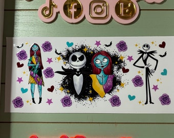 UV DTF 16 oz Glass can Ready to press|  Halloween  nightmare jack and sally  | uvdtf wrap | Permanent decal | No heat needed | Waterproof