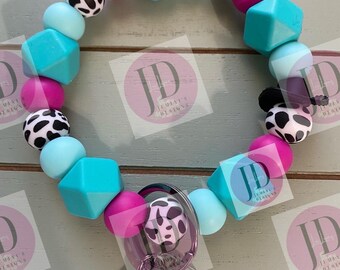 Beaded Bangle Cowboy hat teal & pink cow print Keychain/beaded Bangle for her/teal and pink cowboy wristlet/bangle