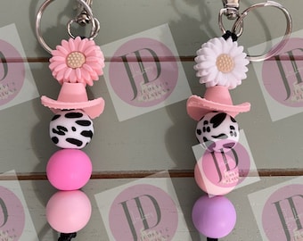 Ready to Ship Adorable Sunflower and cowboy hat beaded Keychain/beaded mini Keychain & Sunflower/cowboy hat dangle Keychain pink or white