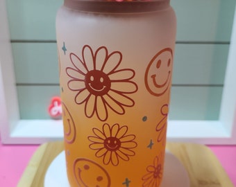 Smiley face flower orange frosted 16oz frosted glass w/ bamboo embelished lid/ floral smiley face flower  glass can tumbler