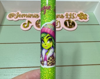 Bougie green girl pen/ glitter bougie girl pen/ green girl coffee glitter pen/ bougie glitter pen/ pink leopard green girl glitter pen