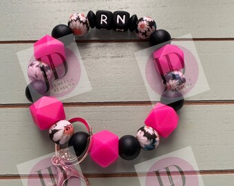 Ready to Ship Beaded RN Bangle Hot pink & floral Keychain/beaded Bangle for her/floral print wristlet/bangle Hot pink bracelet