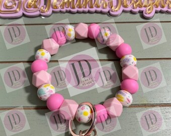 Beaded Bangle pink flamingo print Keychain/beaded Bangle for her/pink flamingo wristlet/bangle pink wristlet  bracelet