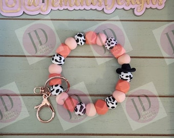 Beaded Bangle Cowboy hat peach/coral cow print Keychain/beaded Bangle for her/peach & coral cowboy wristlet/bangle  bracelet