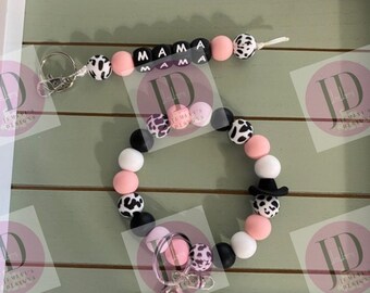 Ready to Ship Beaded Bangle pink cow  print Keychain/ mama Keychain or both /beaded Bangle for her/pink  wristlet/bangle pair