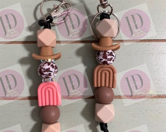 Ready to Ship Adorable Brown or coral cowboy hat beaded Keychain/beaded mini Keychain/coral or brown cowboy hat dangle Keychain
