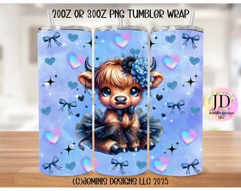Blue Ballerina cow PNG file design for tumbler sublimation. Blue tutu Ballerina highland cow fits 20 or 30 oz tumblers.  PNG Digital file