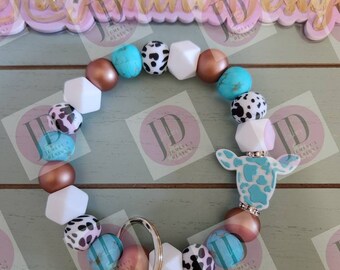 Beaded Bangle cow turquoise cow print Keychain/beaded Bangle for her/turquoise cow wristlet/bangle turquoise bracelet