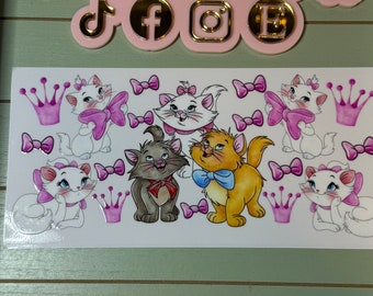 Fancy kittens/ pink bows, pink crown/uvdtf cup wrap ready to press | white cat with crown/ waterproof / no heat / Marie/Berlioz/Toulouse