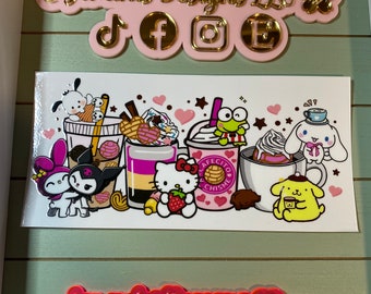 Cute white cat/ kitten and friends | uvdtf 16oz uvdtf cup wrap ready to press | white cat, frog, cafecito y chisme.  Hearts and cat friends