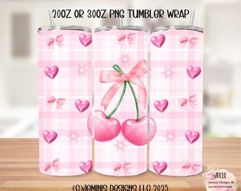 Coquette pink cherry & bows PNG file design for tumbler sublimation. Pink bows and strawberry/ fits 20 or 30 oz tumblers.  PNG Digital file