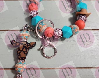 Aztec Beaded Bangle turquoise & coral Keychain and Keychain bar dangle/beaded Bangle for her/Aztec print wristlet/bangle turquoise and coral